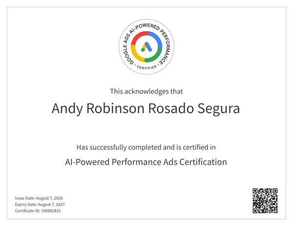 Certificado AI-Powered Performance Ads Certification de Google, a nombre de Andy Rosado