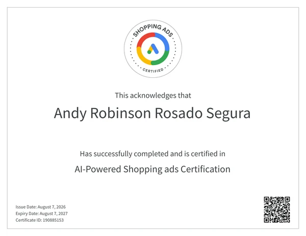 Certificado AI-Powered Shopping Ads Certification de Google, a nombre de Andy Rosado